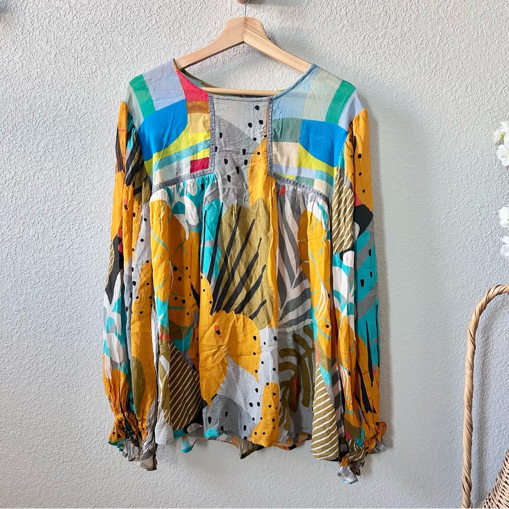 Anthropologie Blank London Miranda Peasant Blouse Size 3X Yellow Abstract Print